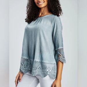 Marie Claire Blue Lace Trim Cropped Sleeve Top S